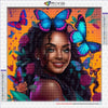 A diamond painting kit featuring a portrait of an African woman with vibrant butterfly accents.