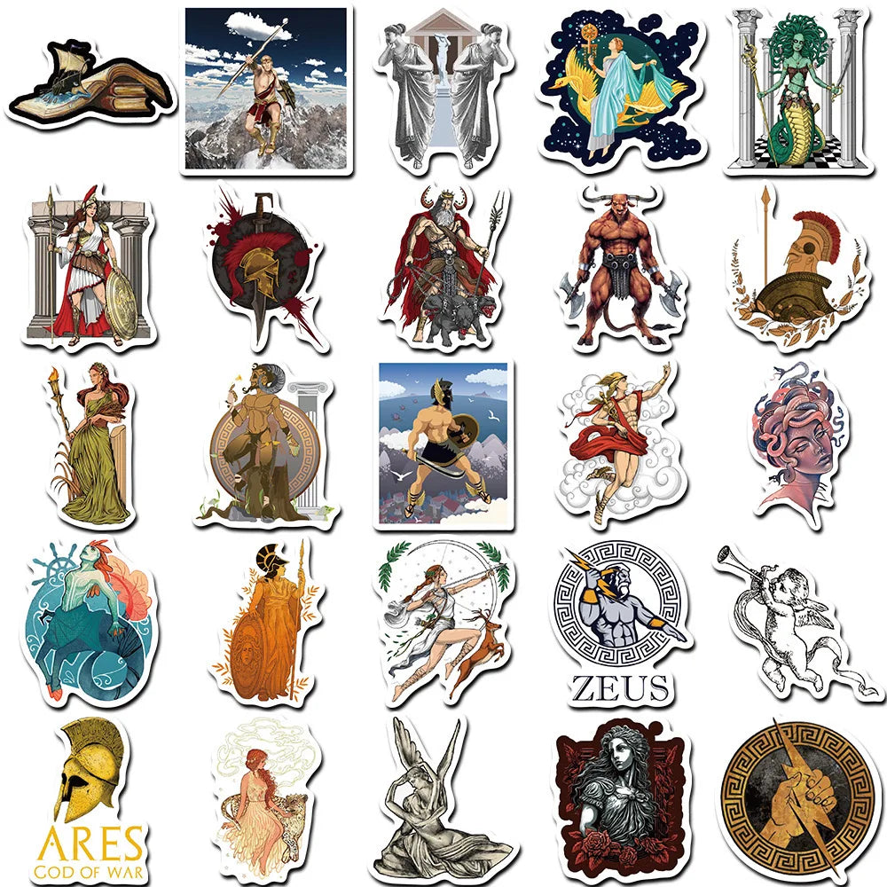 A collection of vintage Greek mythology aesthetic stickers featuring gods, heroes, and mythological figures.