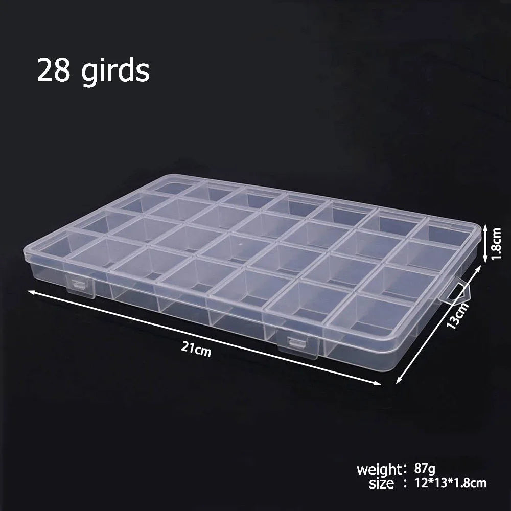 A clear plastic storage box with 28 individual compartments for jewelry and craft supplies.