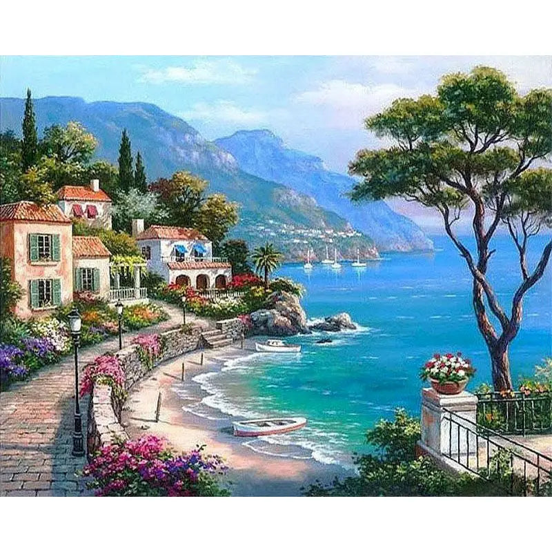 A vibrant painting of a coastal landscape featuring lush greenery, blue water, and distant mountains.