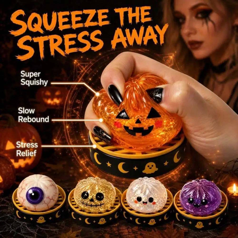 A hand squeezes an orange ghost-shaped squishy toy for stress relief alongside other Halloween-themed fidget toys.
