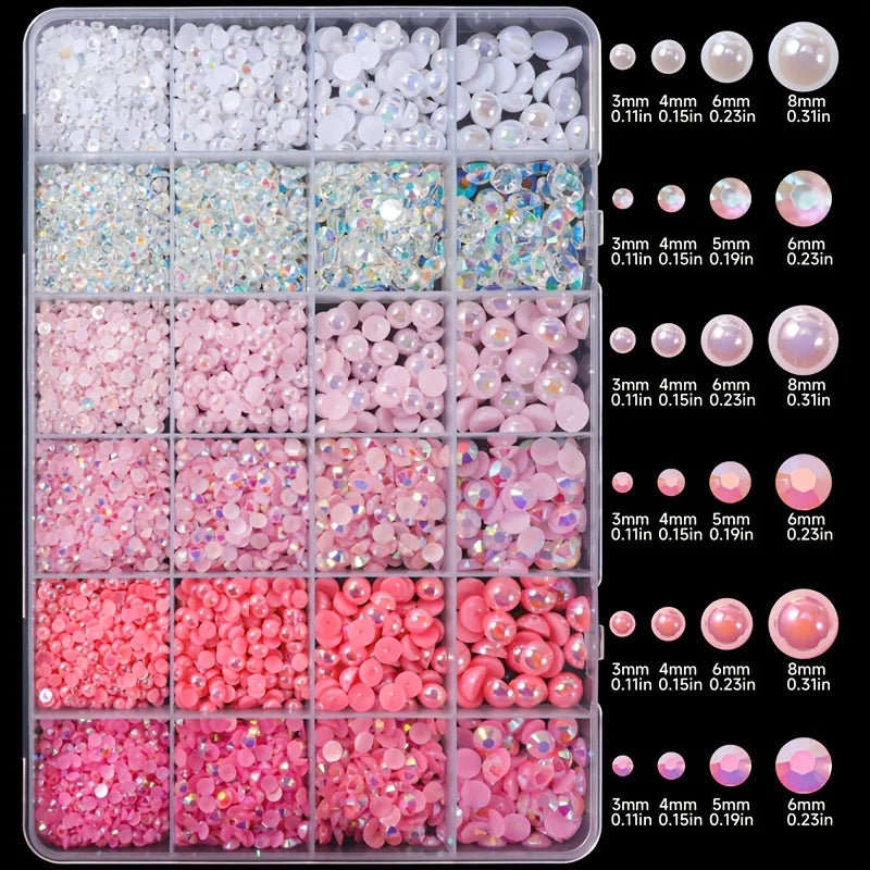 A grid of pink and white AB resin rhinestones and pearls in various sizes for DIY crafts