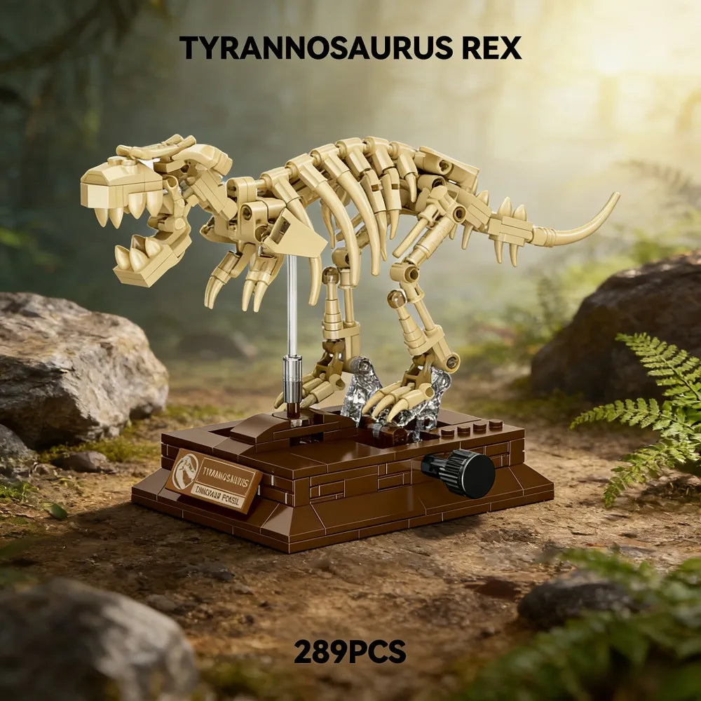 A detailed Tyrannosaurus Rex fossil building block model in beige and brown, displayed on a rocky terrain.