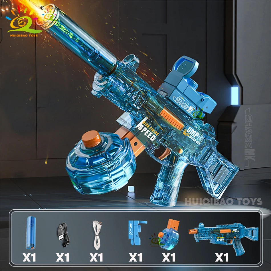 Automatic electric UMP45 water blaster rifle with blue translucent body and orange accents