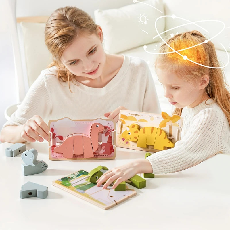 A mother and daughter are playing with a wooden animal threading and stacking toy set on a white table.