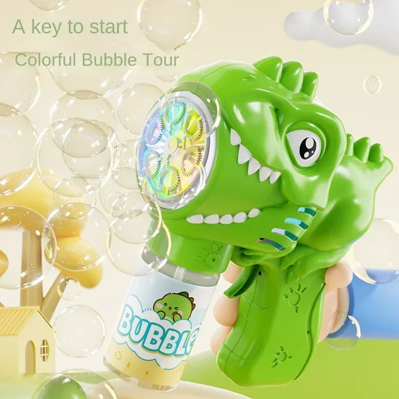 A green dinosaur bubble gun with lights is shown being held, surrounded by colorful bubbles.