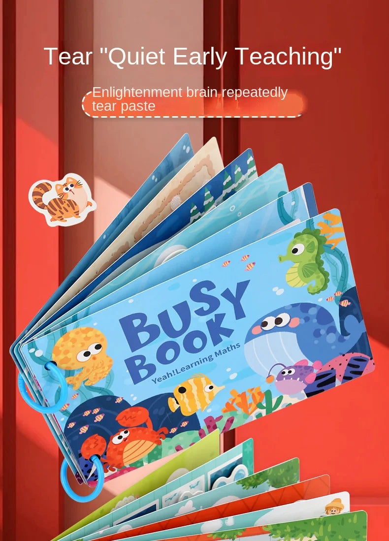 A stack of colorful Busy Book cards featuring educational illustrations for toddlers.