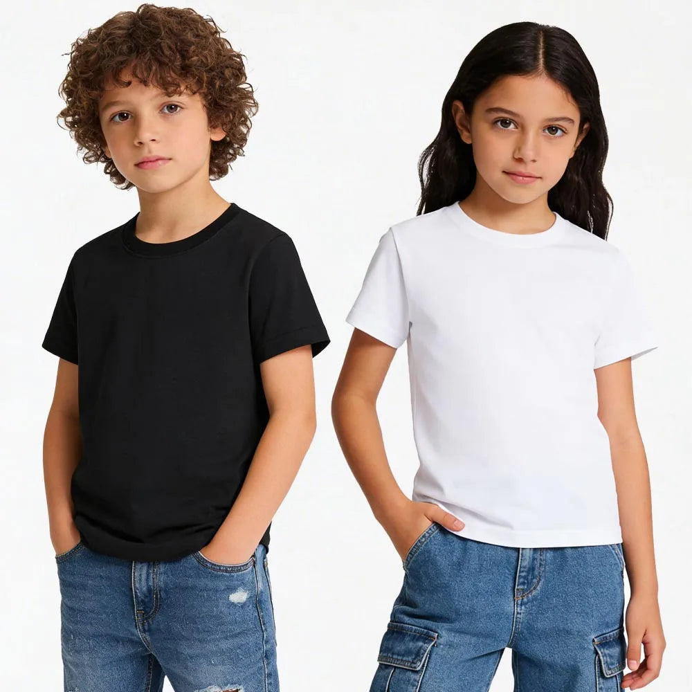 A boy and a girl model wearing white and black t-shirts and denim jeans.