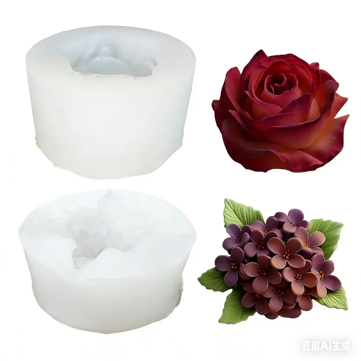 Three silicone molds shaped like a rose, a flower cluster, and a simple cup for crafting resin, candle, or soap.