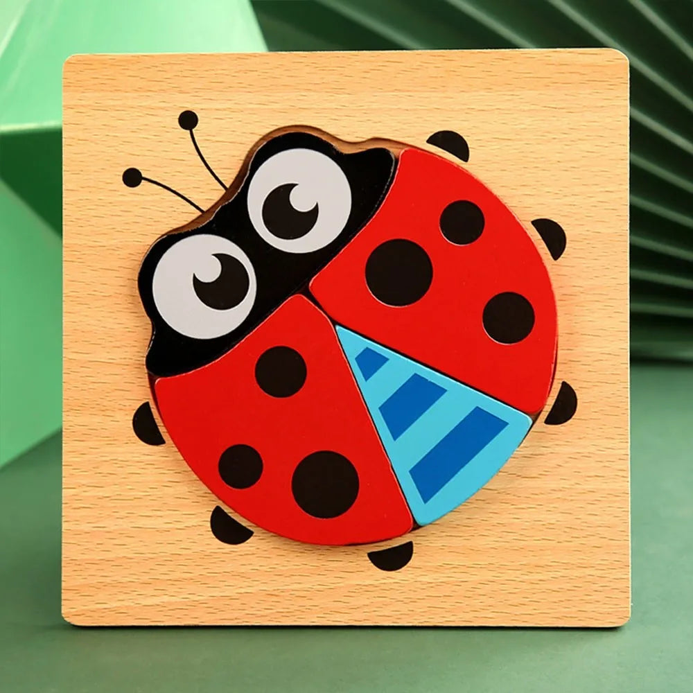 A wooden puzzle featuring a colorful ladybug design with black, red, and blue sections.