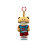 A cute plush frog doll with a red hoop and blue shirt is shown.