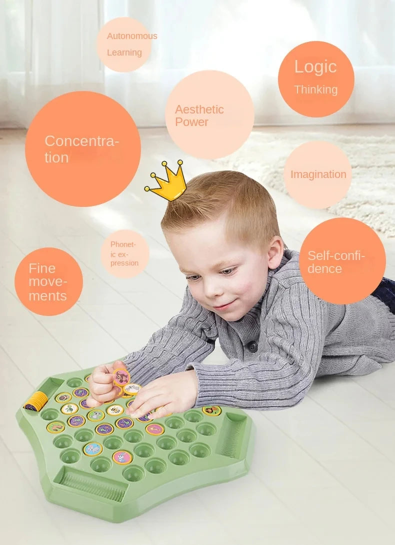 A young child is playing an Animal Flip Chess Memory Matching Game on a light wooden floor.