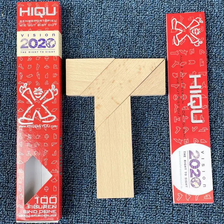 A wooden tangram puzzle with geometric shapes is shown against a dark blue background.