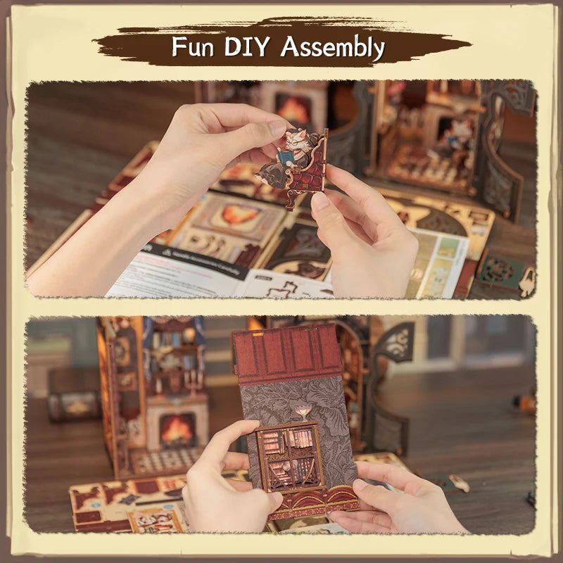 Hands assembling a DIY book nook kit featuring a wooden dollhouse and bookshelf insert.