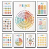 A collection of nine framed art pieces showing feelings wheels, mood meters, and related emotional concepts for kids and adul