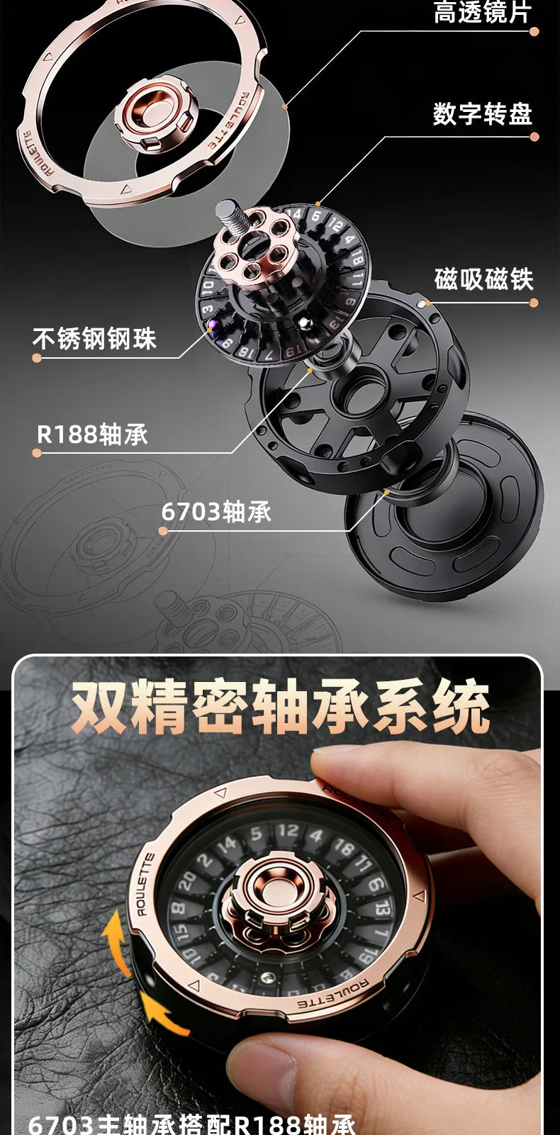 A close-up view of a roulette fidget spinner featuring an R188 steel shaft and a 6703 steel shaft.