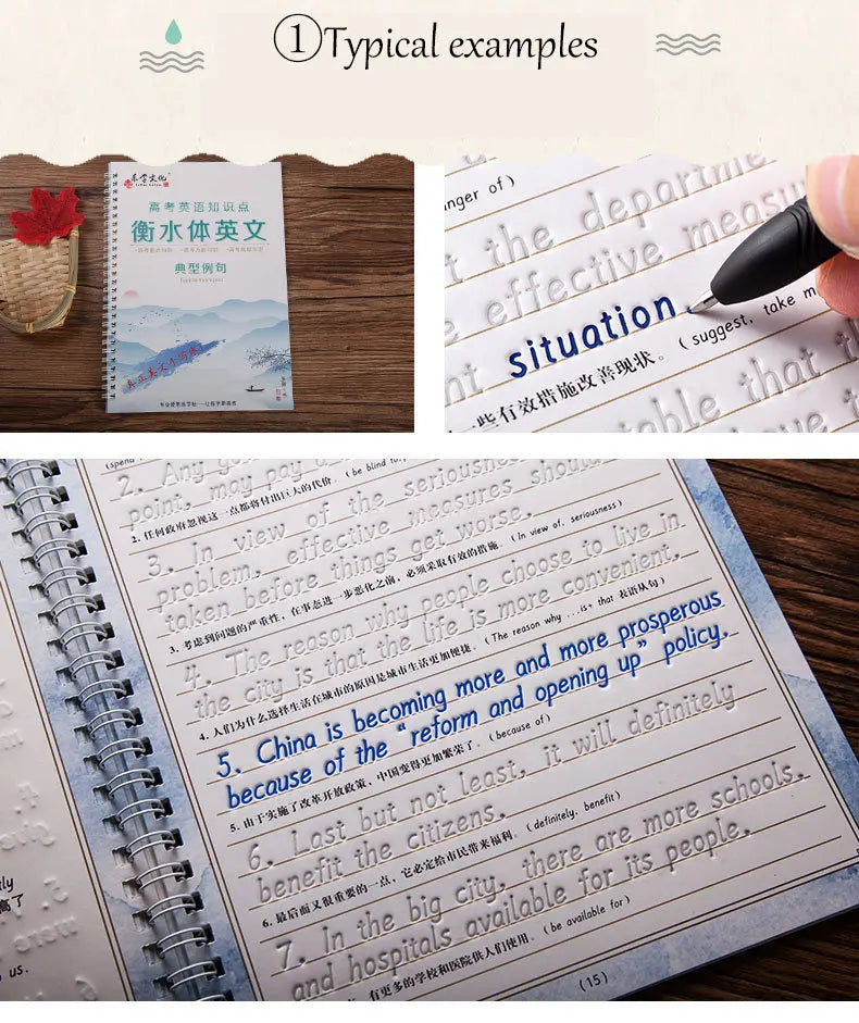 Examples of English italic handwriting practice found in a notebook and a printed page.