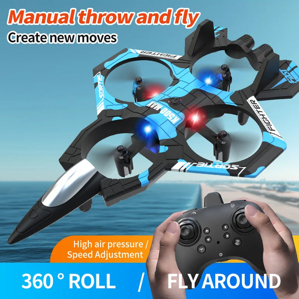 A black and blue manual throw and fly RC fighter plane with propellers shown in flight.