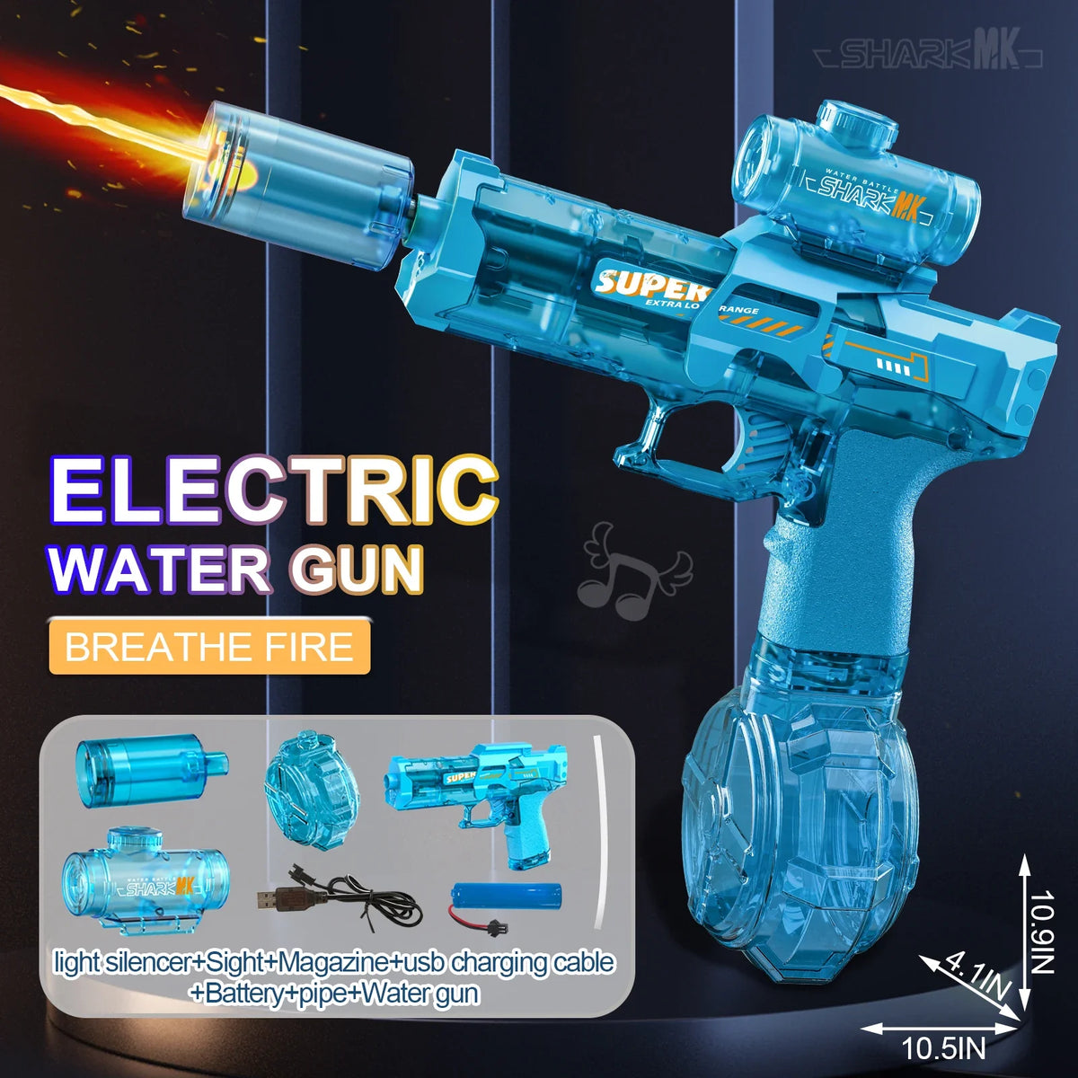 A blue electric water gun is shown firing a stream of liquid, with accessories displayed below.