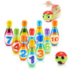 A colorful foam bowling set featuring ten numbered pins and two soft balls.