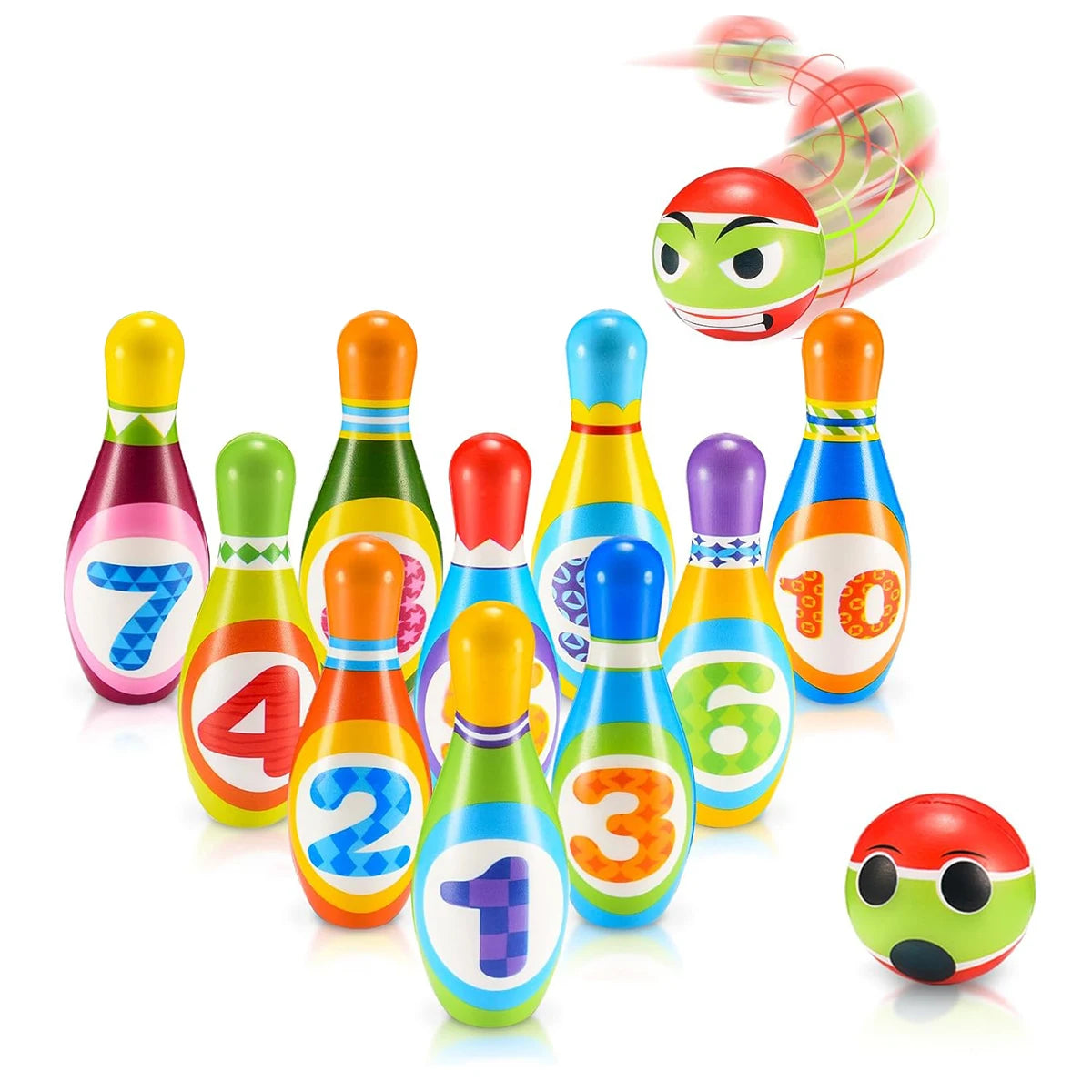 A colorful foam bowling set featuring ten numbered pins and two soft balls.