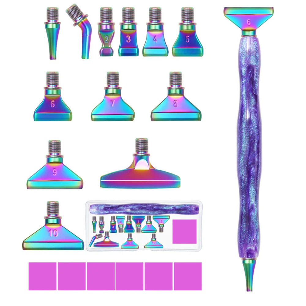 A set of ten resin diamond painting pens with interchangeable metal tips and multi-placers shown in various colors.
