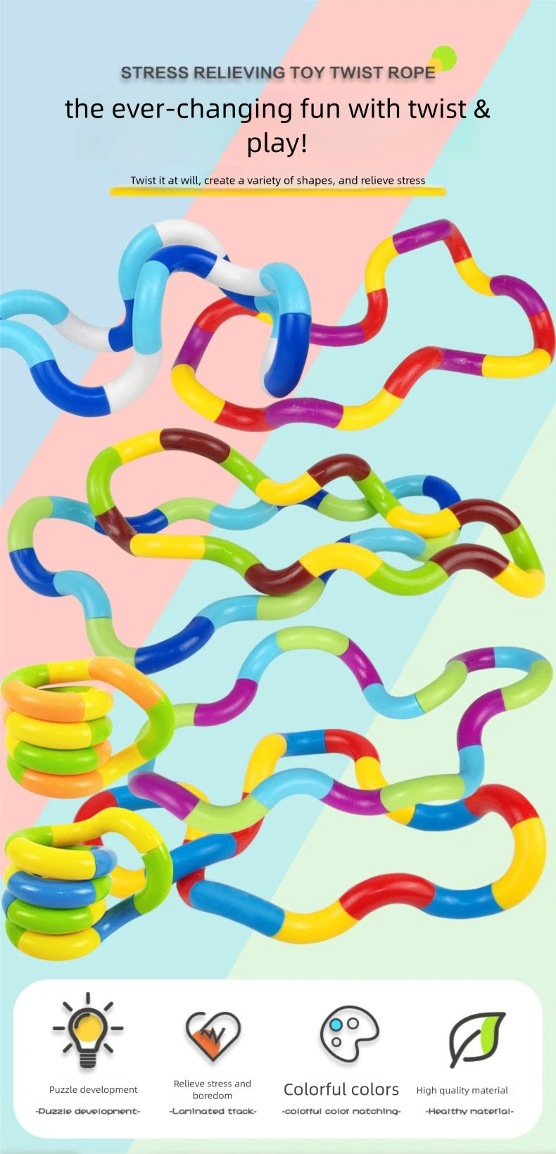 A colorful twist rope toy demonstrating various shapes and colors for stress relief and play.