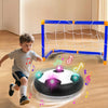 A glowing LED hover soccer ball is shown with a blue hoop and net on a wooden floor.