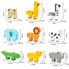 A set of wooden animal stacking balance game featuring various animals like a giraffe, zebra, elephant, horse, crocodile, cat