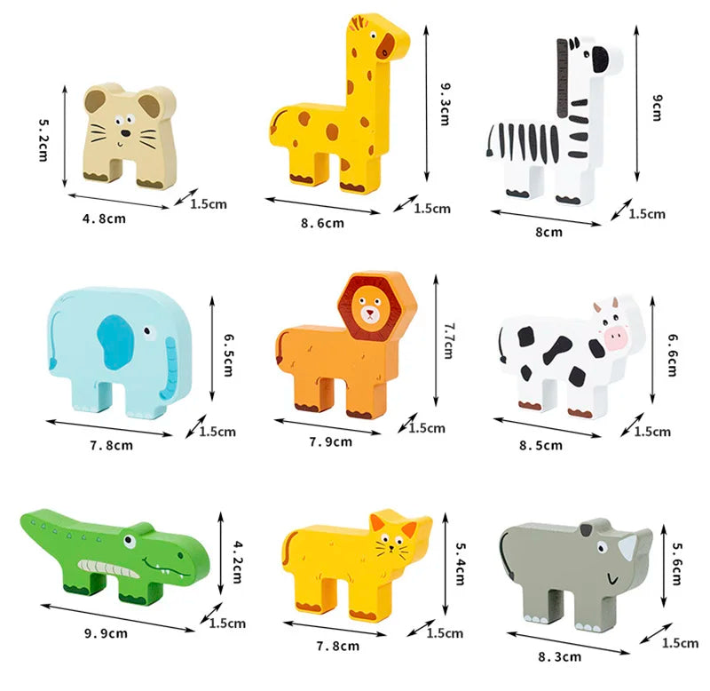 A set of wooden animal stacking balance game featuring various animals like a giraffe, zebra, elephant, horse, crocodile, cat