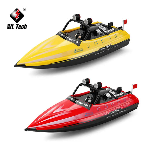 A yellow high-speed RC racing boat with a black seat and engine visible.