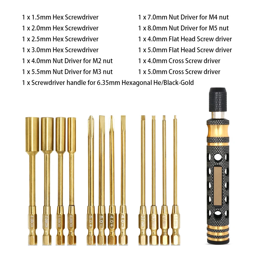 A set of precision hex screwdrivers and nut drivers in gold and black for RC vehicles.