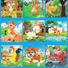 A collection of wooden 3D animal and vehicle puzzle pieces featuring various animals like rabbits, elephants, and a pig.