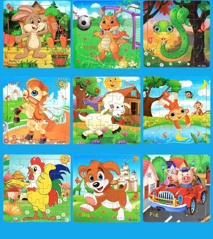 A collection of wooden 3D animal and vehicle puzzle pieces featuring various animals like rabbits, elephants, and a pig.