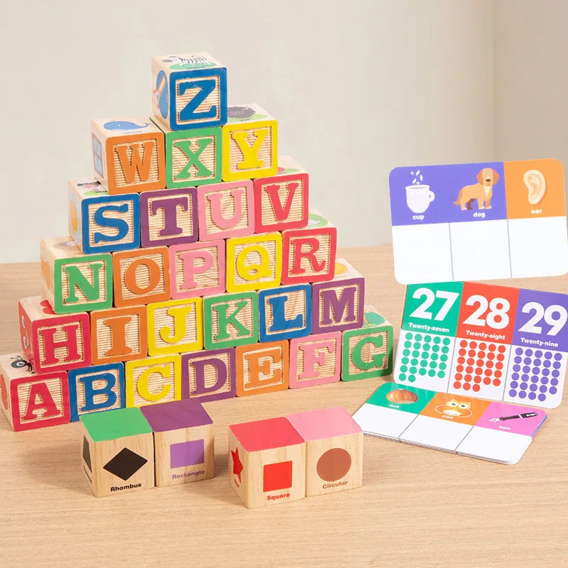 Wooden Word & Shape Blocks – 30-Piece Learning Stacking Toy for Toddlers