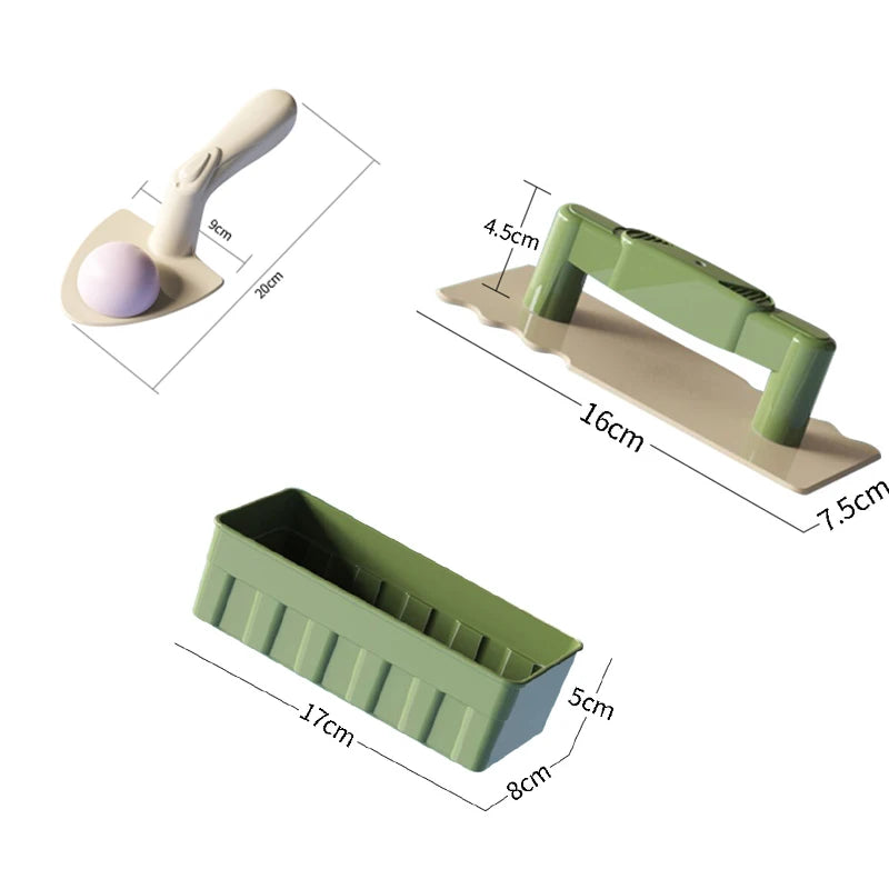 A set of beach sand castle building tools including a shovel and a mold, shown with various dimensions.