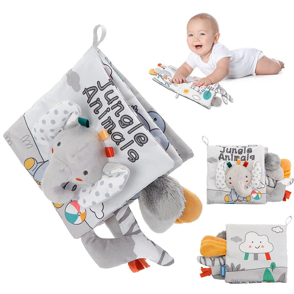 A sensory board featuring jungle animals like elephants and monkeys for baby learning.