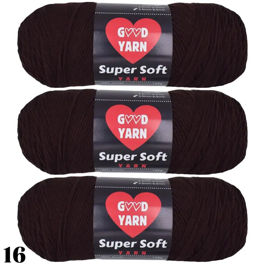 Three skeins of dark brown Super Soft yarn labeled GVD YARN for crochet and knitting