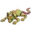 A green and purple articulated 3D printed figurine of a Sphynx cat.