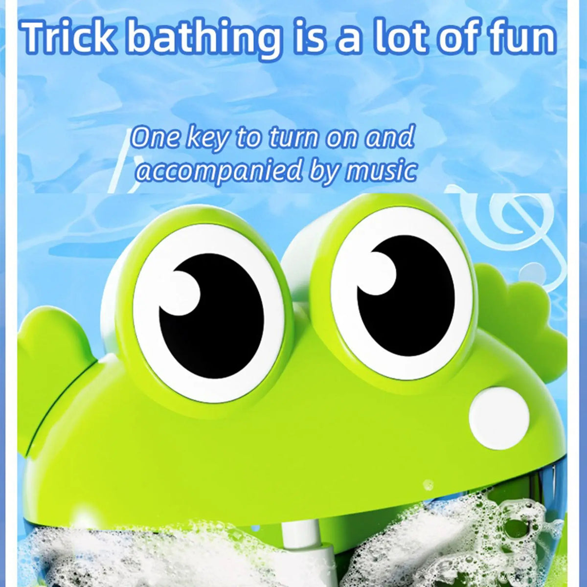 A bright green frog bath toy with large eyes is shown in a bathtub filled with soapy water.