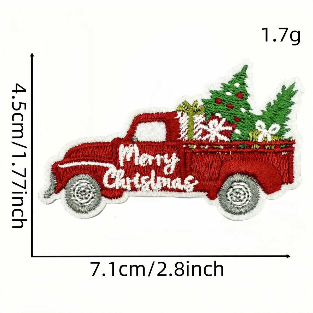 A red Christmas truck iron-on patch featuring festive greenery and holiday text on a white background.