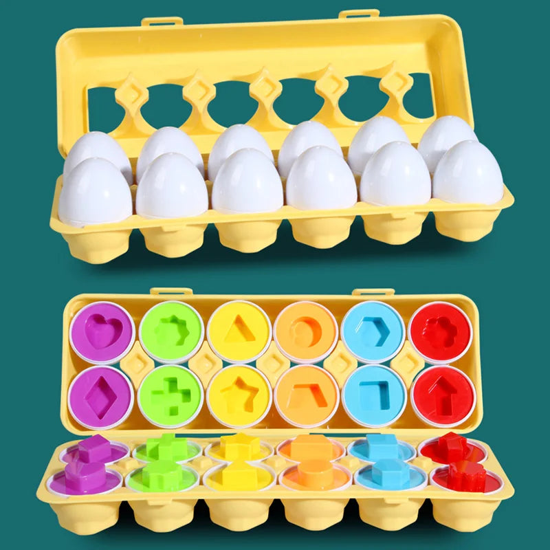 A yellow plastic egg sorter with multiple colored eggs for toddlers