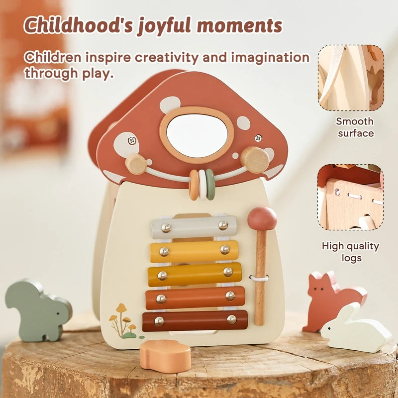 A wooden mushroom castle stacking toy with a smooth surface and high quality logs for children's play.