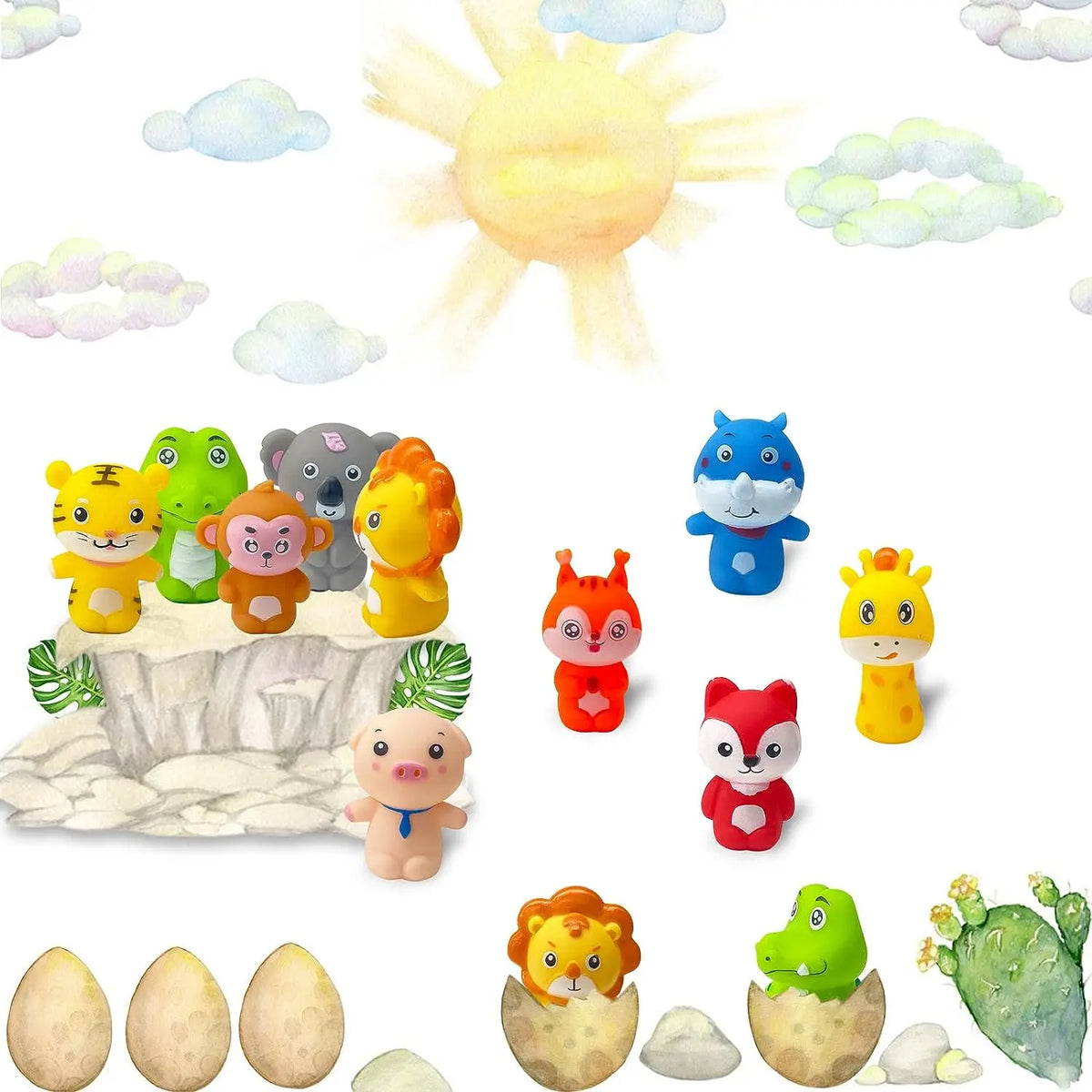 A collection of ten soft rubber animal finger puppets featuring various colorful jungle and farm animals.