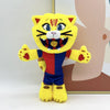 A yellow cat mascot plush toy with striped fur and a football emblem on its chest.