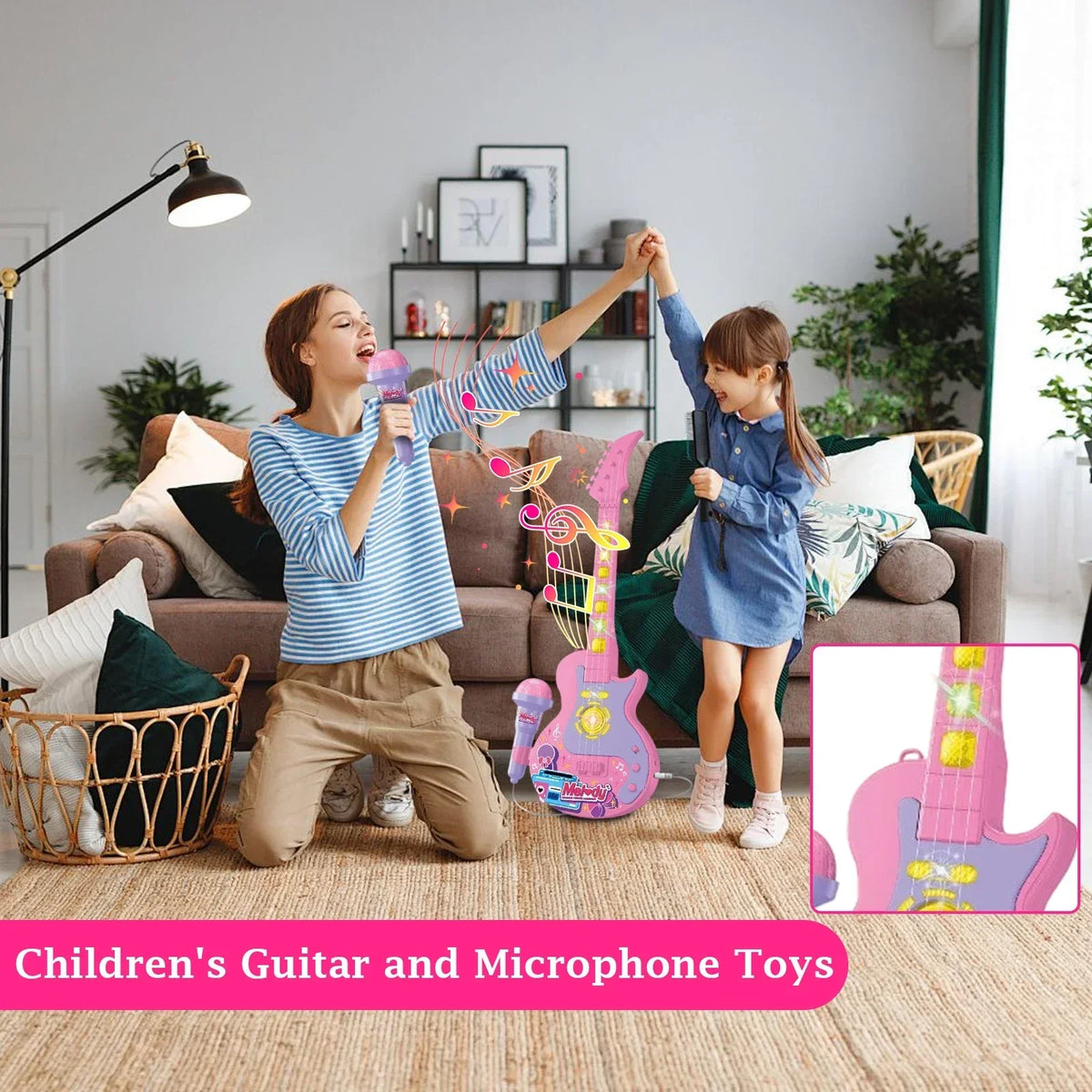 Kids Karaoke Microphone with Guitar Stand and LED Lights