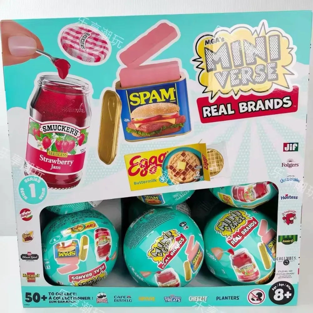 A box of Mini Verse Real Brands toys featuring a vending machine toy with a snack dispenser and surprise balls.