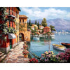 A painting of a coastal town and mountains with colorful buildings and water.