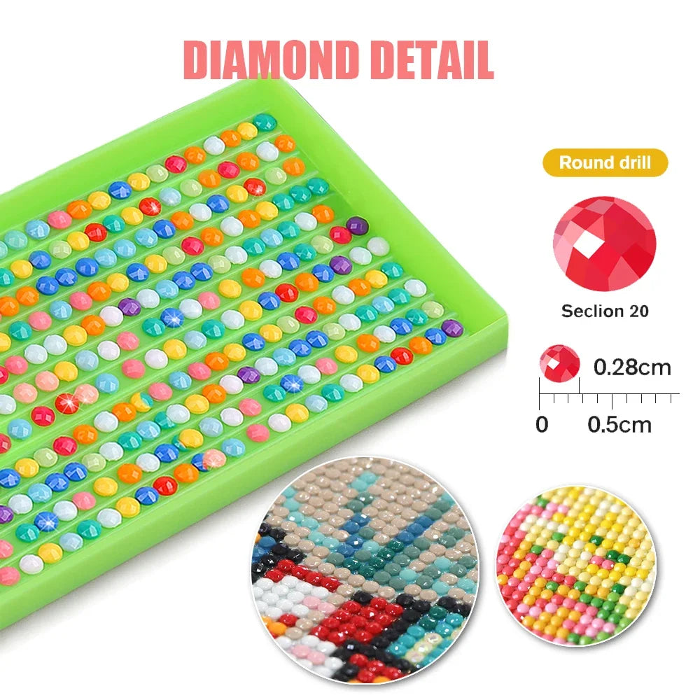 A diamond painting kit featuring colorful beads arranged in a green tray with round drill and section details.