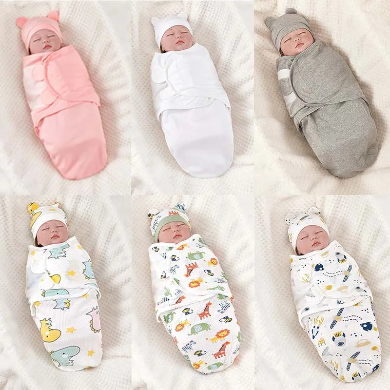 A set of cotton newborn swaddle blankets and hats for a baby, shown in various colors and patterns.